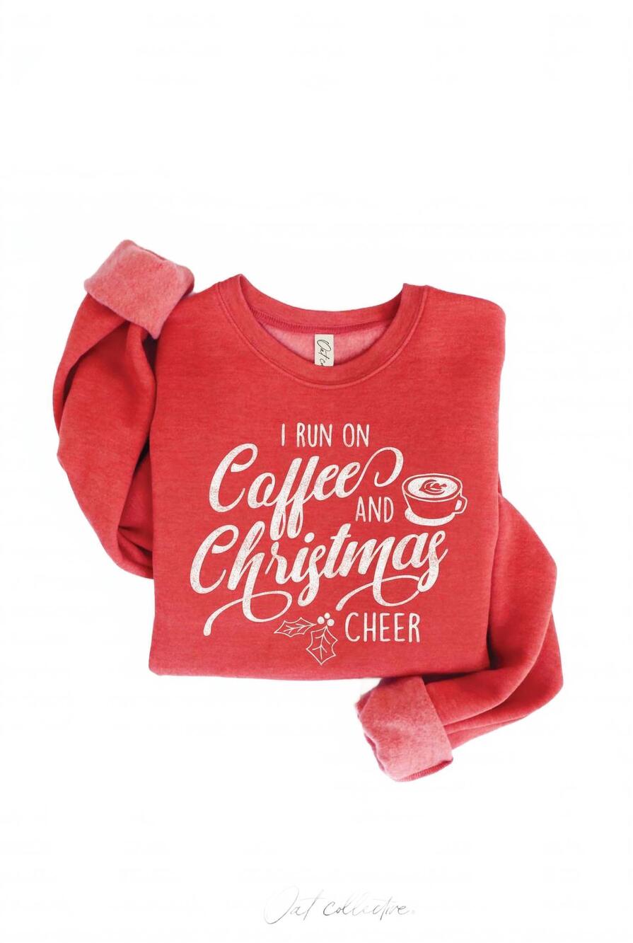 NEW OAT COLLECTIVE women's i run on coffee and cheer sweatshirt in cranberry hea